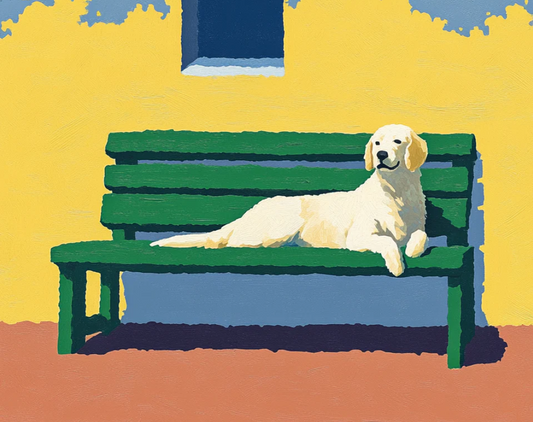 Unleashing Minimalist Charm: The Relaxed Dog on Bench Print