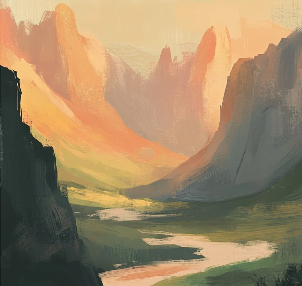 Embrace Serenity with Soft Sunset Over Mountain Valley