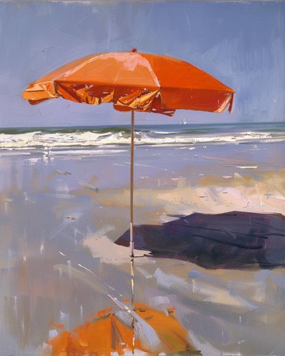 Seaside Shade: Solitary Orange Umbrella on the Beach