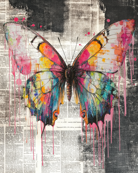 Vibrant Butterfly on Vintage Newsprint - Colorful Urban Wall Art