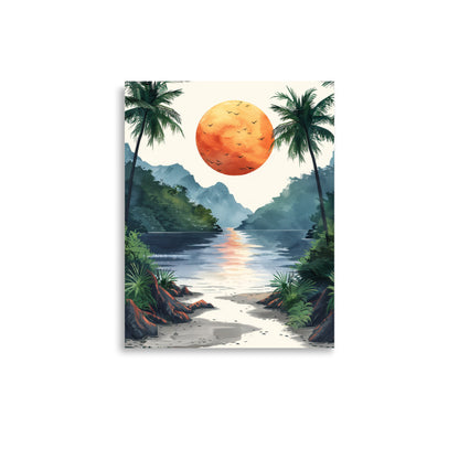 Serene Sunset Beachscape: A Watercolor Journey into Tropical Bliss