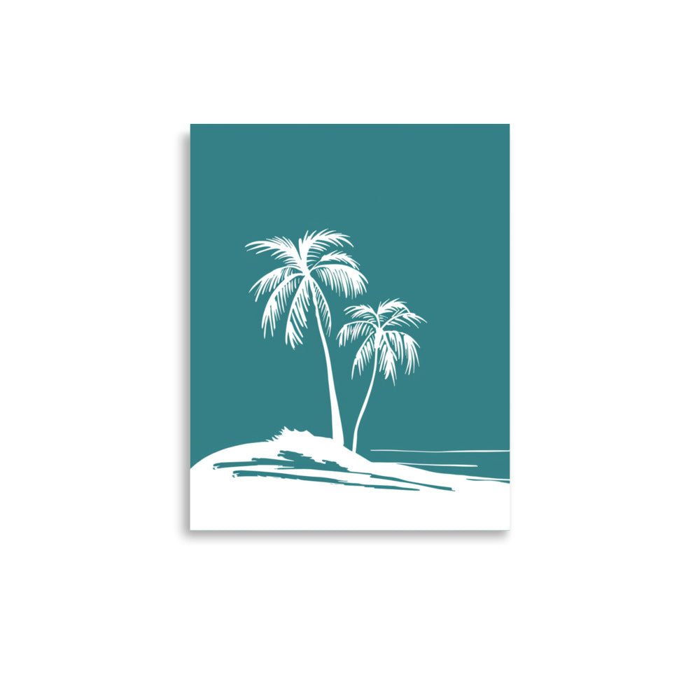 Teal Tropic Tranquility - Palm Silhouettes on Island Beach Line Art