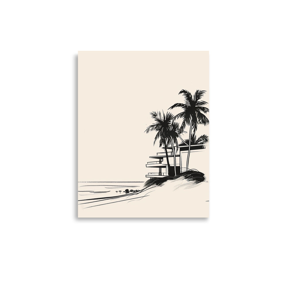 Modern Beachside Oasis - Minimalist Palm and Architecture Line Art