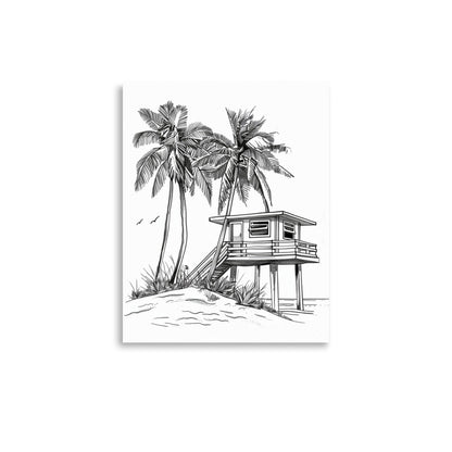 Tropical Beachfront Retreat - Palm Trees and Beach House Line Drawing