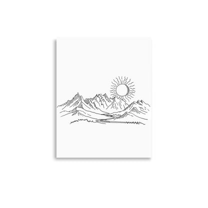 Mountain Sunrise Line Art - Simplistic Alpine Peaks and Rising Sun Sketch