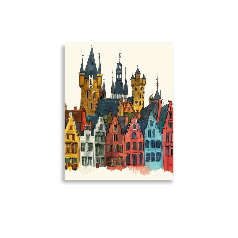 Colorful Brugge Skyline Art: Playful Belgian Cityscape