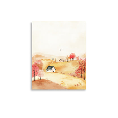 Golden Hillside Farm – Minimalist Watercolor Landscape Art Print