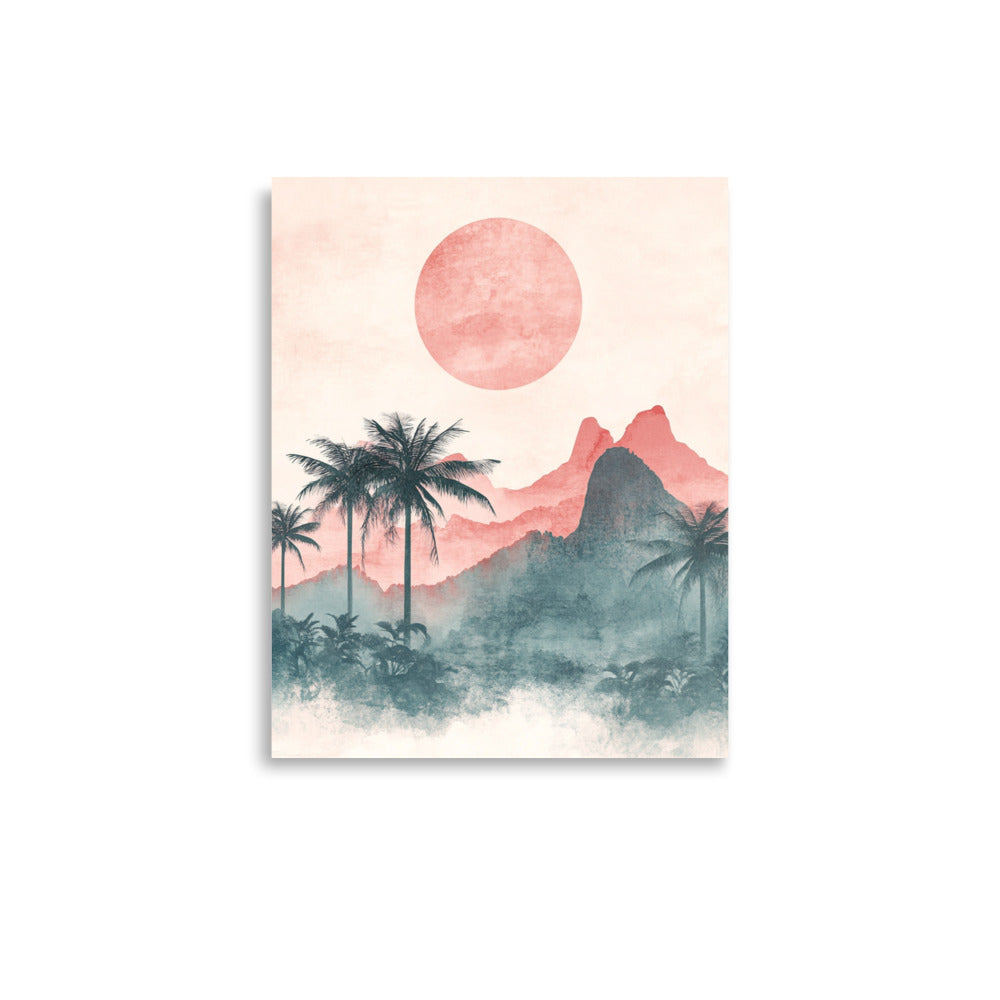 Mystic Dusk: Watercolor of Palm Trees and Mountains Under a Coral Sun