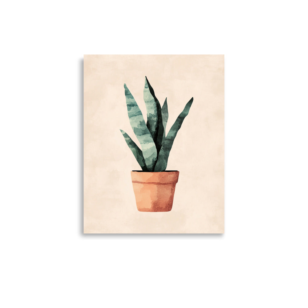 Earthy Elegance: Minimalist Watercolor of a Snake Plant in a Terracotta Pot