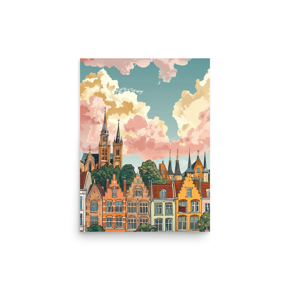 Whimsical Brugge Skyline Art: Colorful Belgian Cityscape