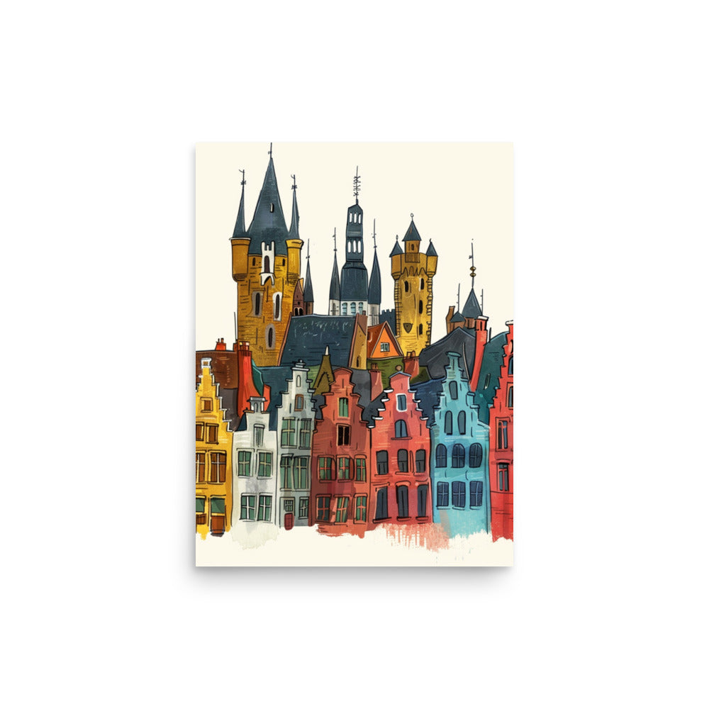 Colorful Brugge Skyline Art: Playful Belgian Cityscape