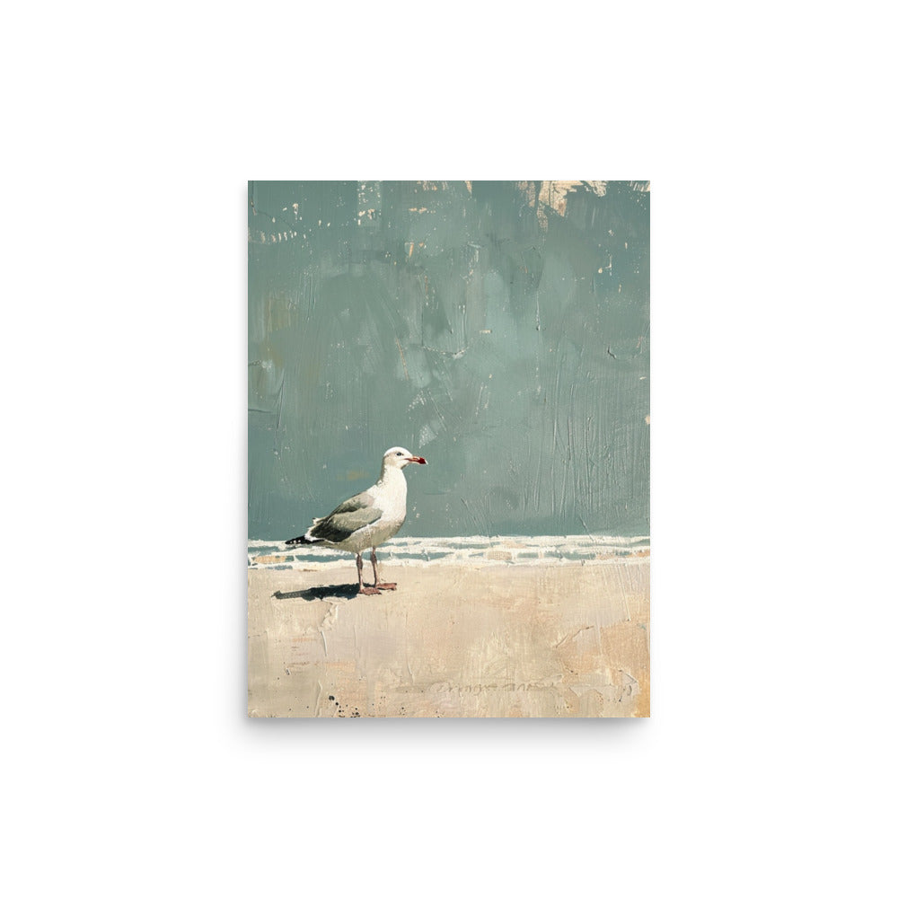 Minimalist Seagull Beach Art: Tranquil Coastal Painting