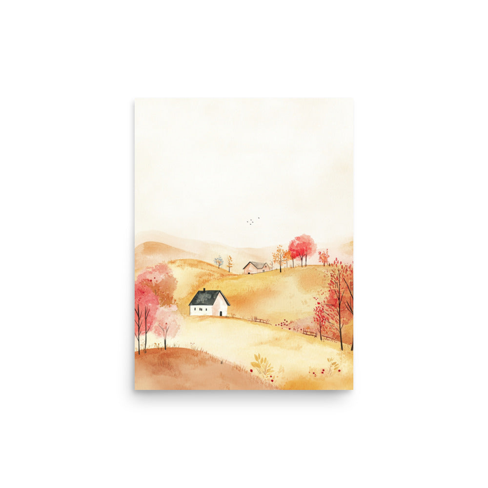 Golden Hillside Farm – Minimalist Watercolor Landscape Art Print