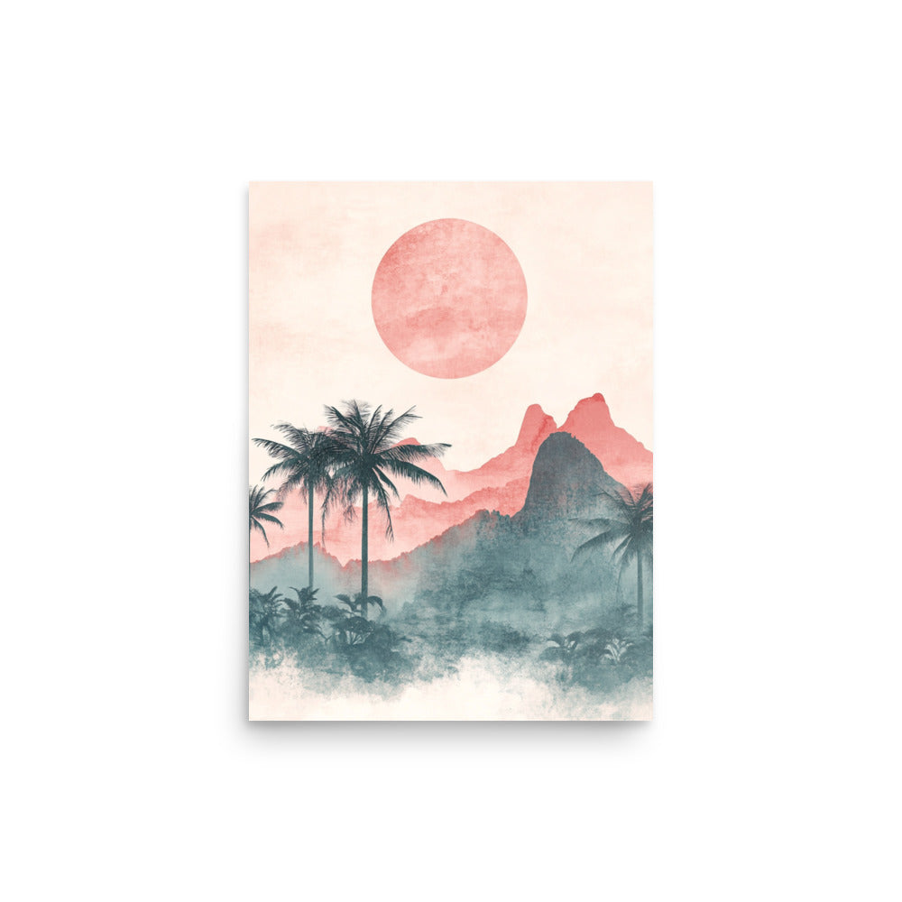 Mystic Dusk: Watercolor of Palm Trees and Mountains Under a Coral Sun