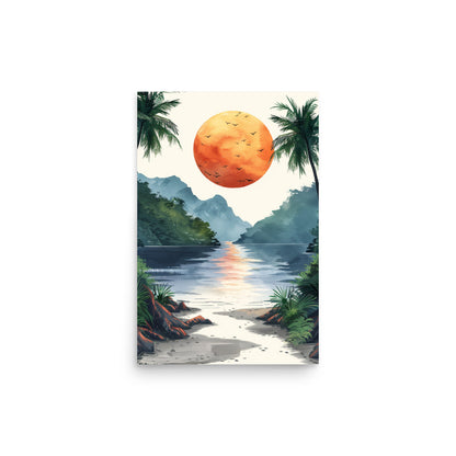 Serene Sunset Beachscape: A Watercolor Journey into Tropical Bliss