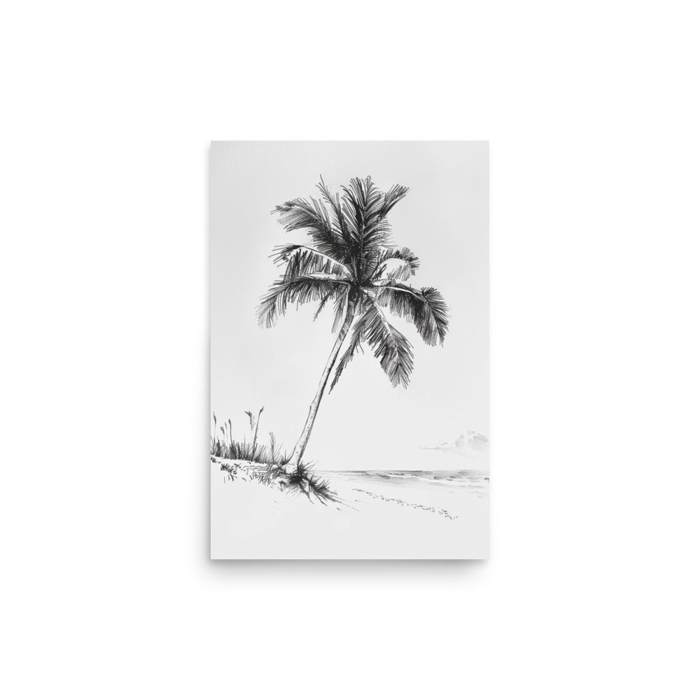 Tropical Palm Beach - Black and White Coastal Landscape Drawing