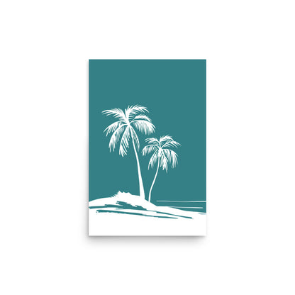 Teal Tropic Tranquility - Palm Silhouettes on Island Beach Line Art