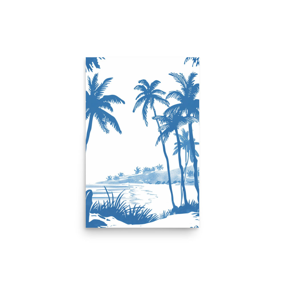 Azure Palm Serenade - Blue Tone Tropical Beach Line Art