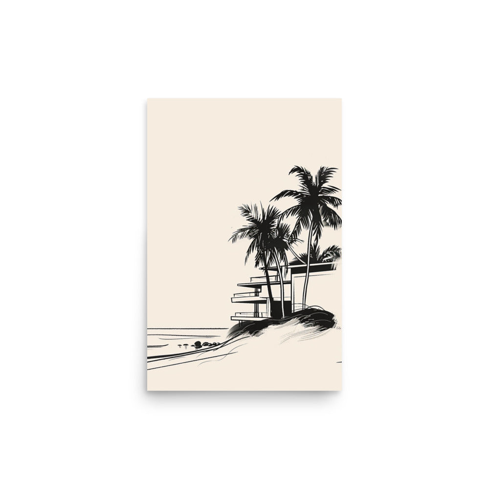 Modern Beachside Oasis - Minimalist Palm and Architecture Line Art