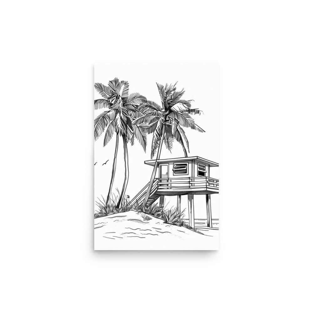 Tropical Beachfront Retreat - Palm Trees and Beach House Line Drawing