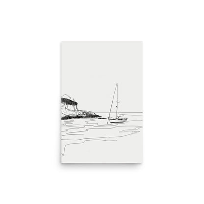 Coastal Haven Sketch - Minimalist Sailboat by the Shoreline Drawing