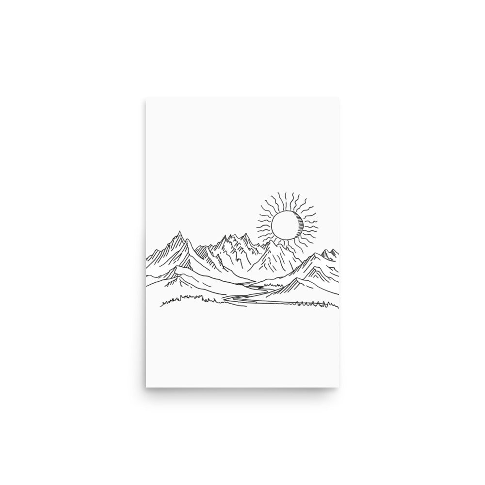 Mountain Sunrise Line Art - Simplistic Alpine Peaks and Rising Sun Sketch