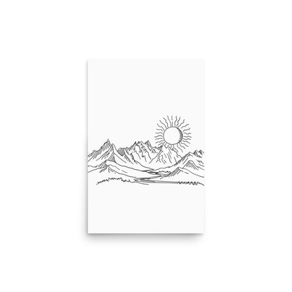 Mountain Sunrise Line Art - Simplistic Alpine Peaks and Rising Sun Sketch