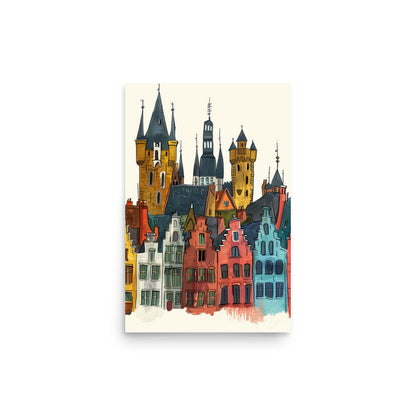 Colorful Brugge Skyline Art: Playful Belgian Cityscape