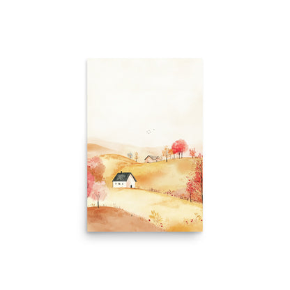 Golden Hillside Farm – Minimalist Watercolor Landscape Art Print