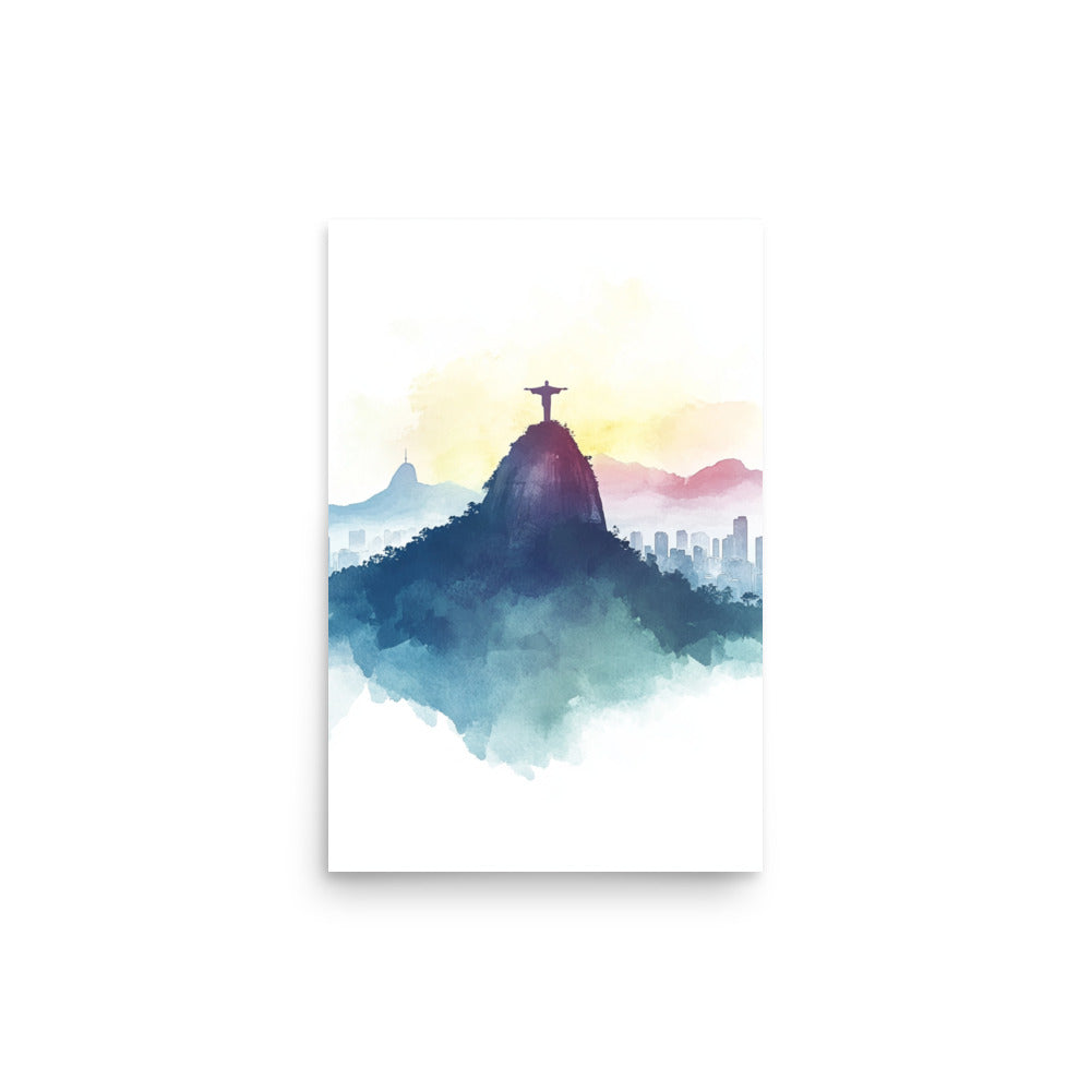 Serene Majesty: Watercolor Panorama of Rio de Janeiro's Christ the Redeemer