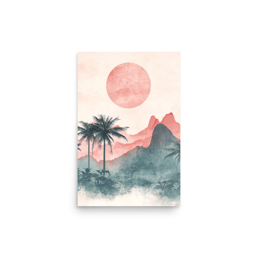 Mystic Dusk: Watercolor of Palm Trees and Mountains Under a Coral Sun