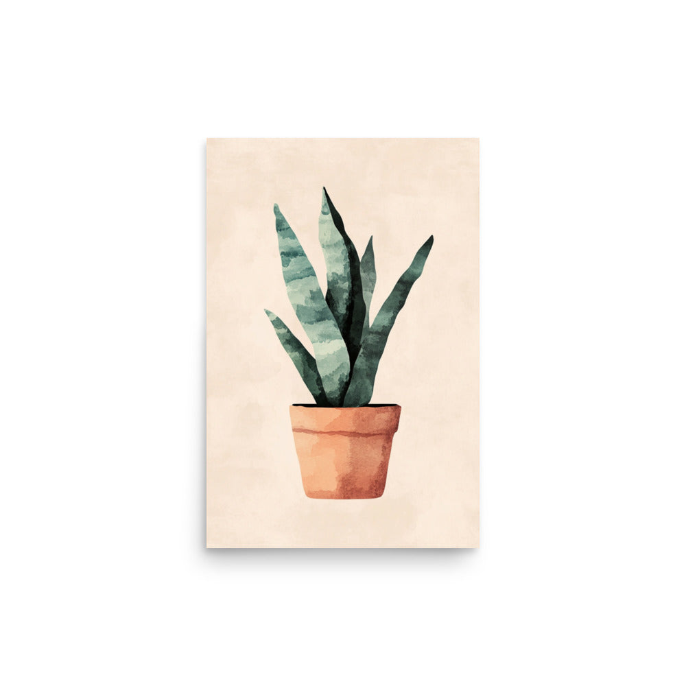 Earthy Elegance: Minimalist Watercolor of a Snake Plant in a Terracotta Pot