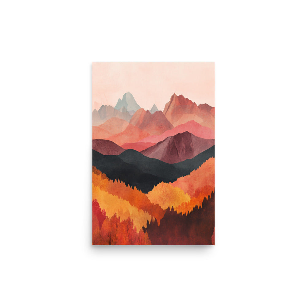 Crimson Peaks: Minimalist Watercolor of Autumn in the Mountains