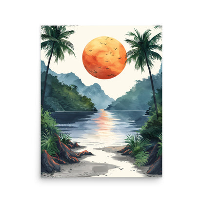 Serene Sunset Beachscape: A Watercolor Journey into Tropical Bliss