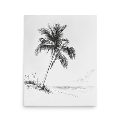 Tropical Palm Beach - Black and White Coastal Landscape Drawing