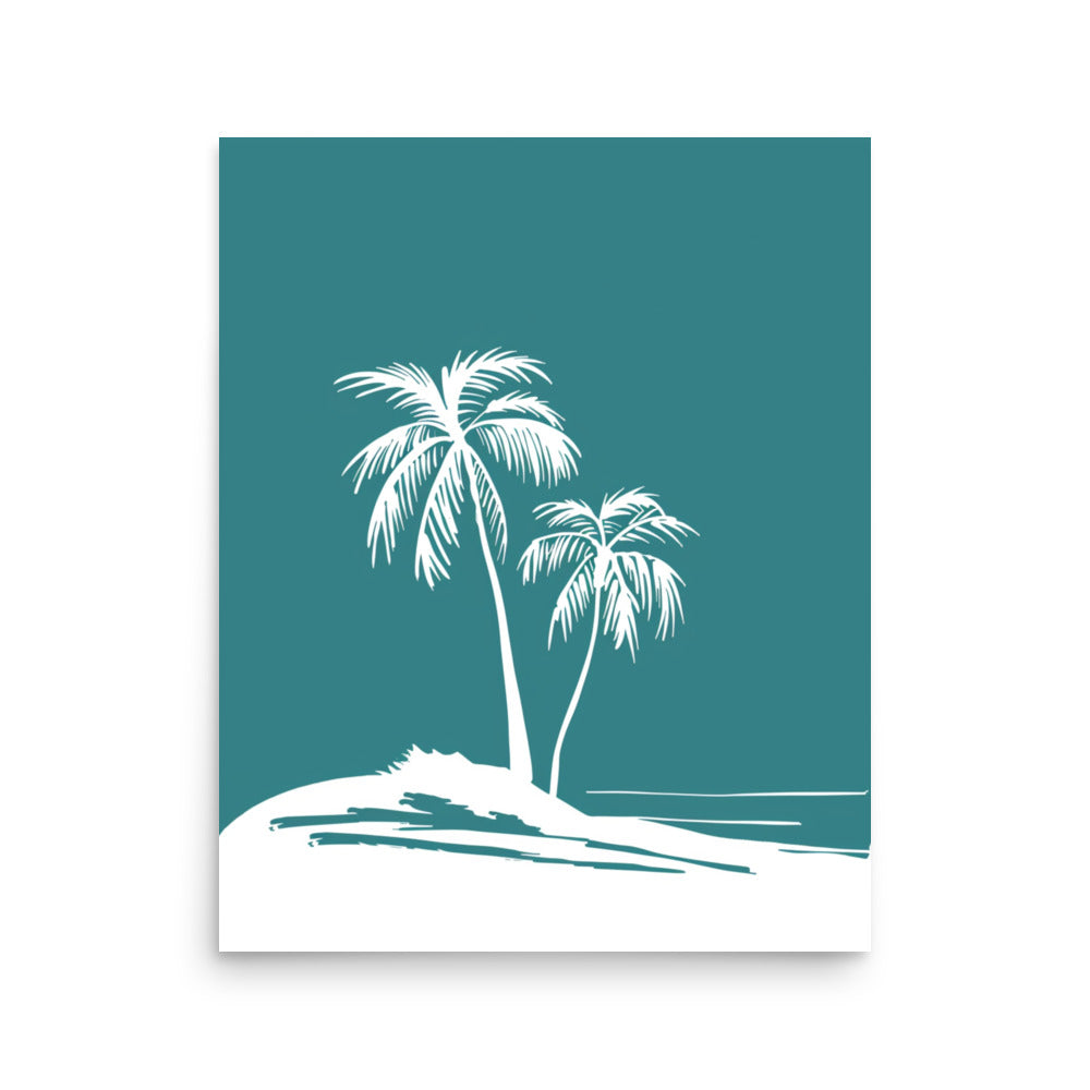 Teal Tropic Tranquility - Palm Silhouettes on Island Beach Line Art