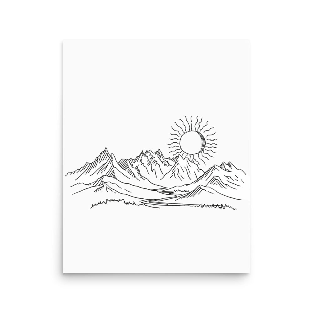 Mountain Sunrise Line Art - Simplistic Alpine Peaks and Rising Sun Sketch