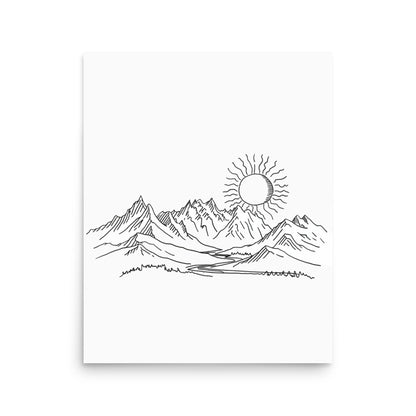 Mountain Sunrise Line Art - Simplistic Alpine Peaks and Rising Sun Sketch