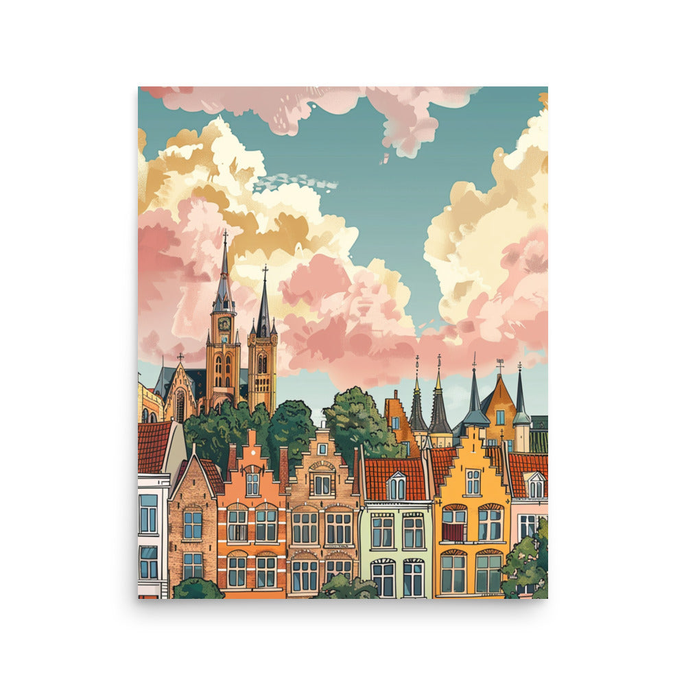 Whimsical Brugge Skyline Art: Colorful Belgian Cityscape