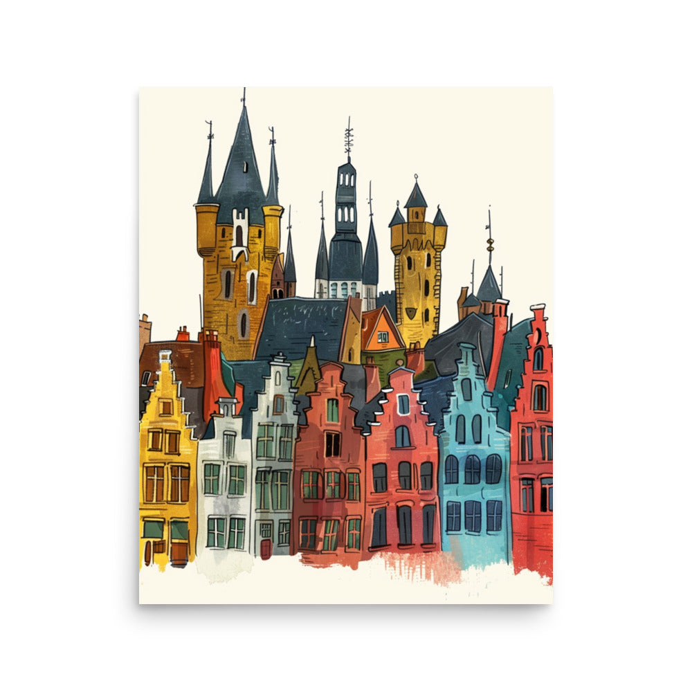 Colorful Brugge Skyline Art: Playful Belgian Cityscape