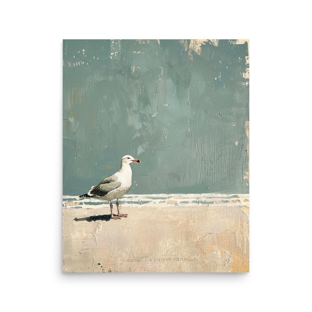 Minimalist Seagull Beach Art: Tranquil Coastal Painting