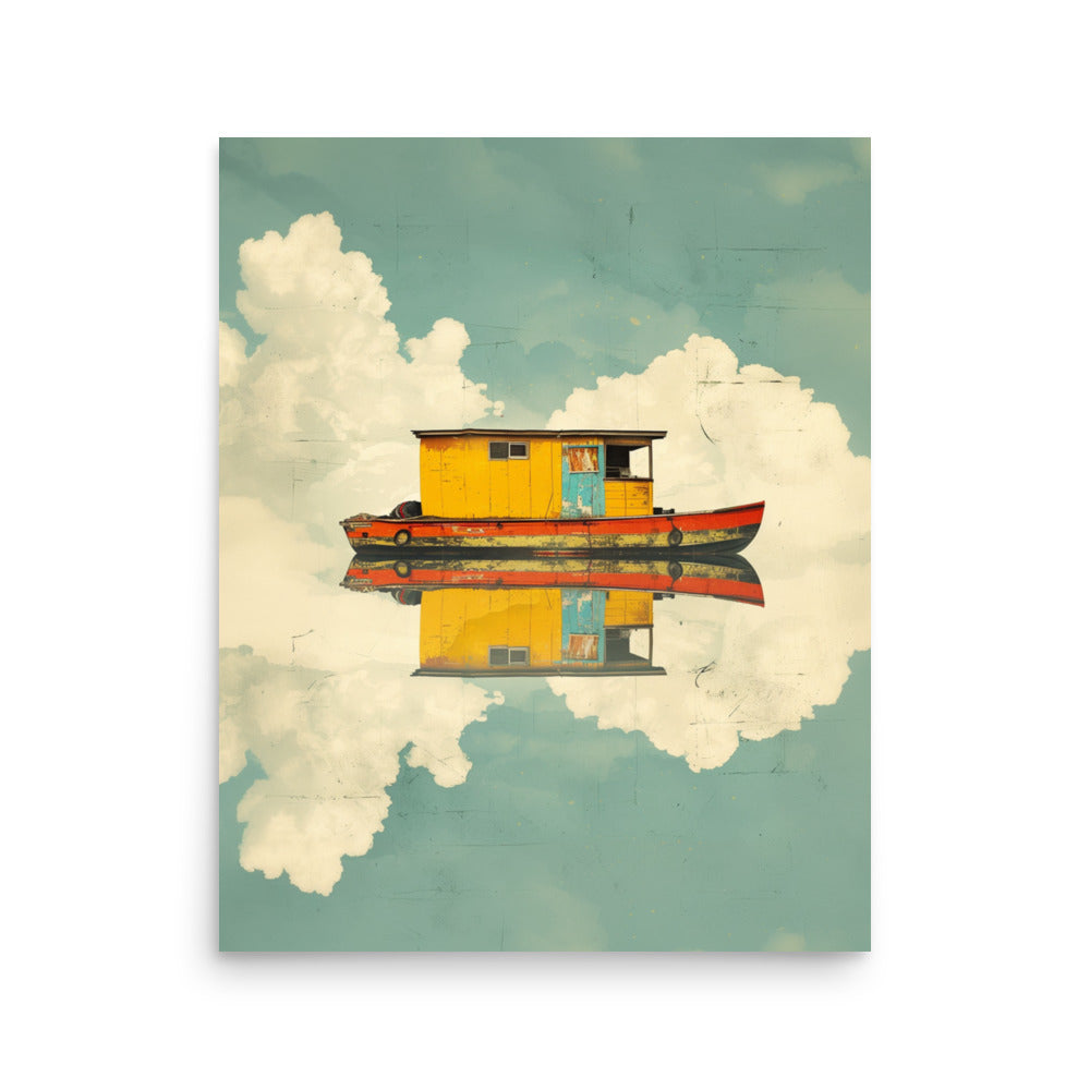 Whimsical Houseboat Reflection: Serene Lake Art in Dreamy Colors