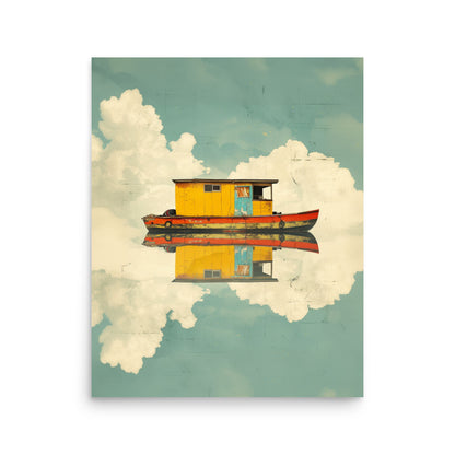 Whimsical Houseboat Reflection: Serene Lake Art in Dreamy Colors