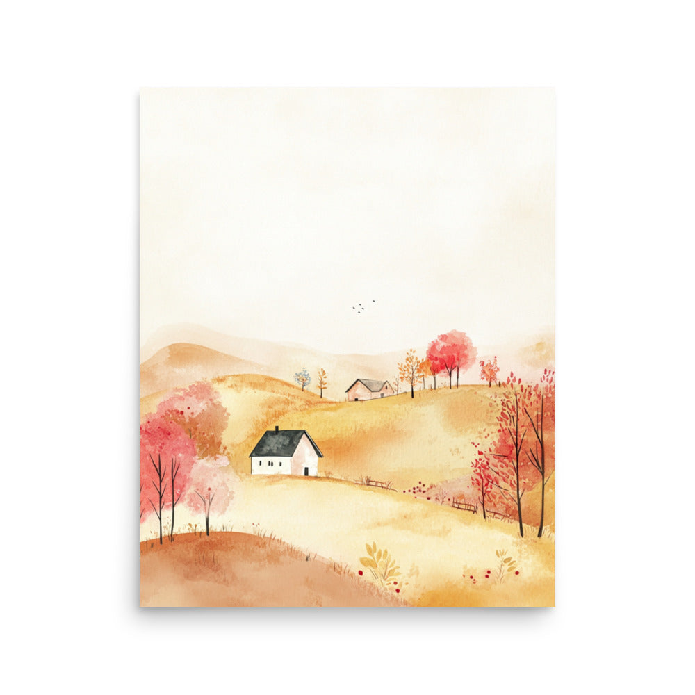 Golden Hillside Farm – Minimalist Watercolor Landscape Art Print