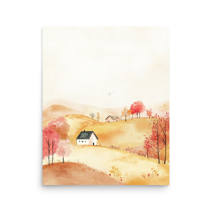 Golden Hillside Farm – Minimalist Watercolor Landscape Art Print