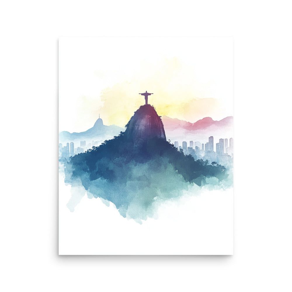 Serene Majesty: Watercolor Panorama of Rio de Janeiro's Christ the Redeemer