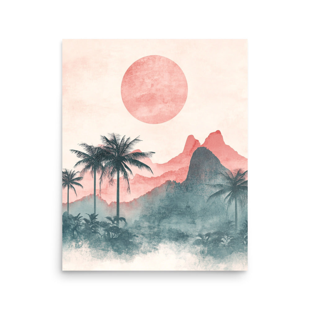 Mystic Dusk: Watercolor of Palm Trees and Mountains Under a Coral Sun