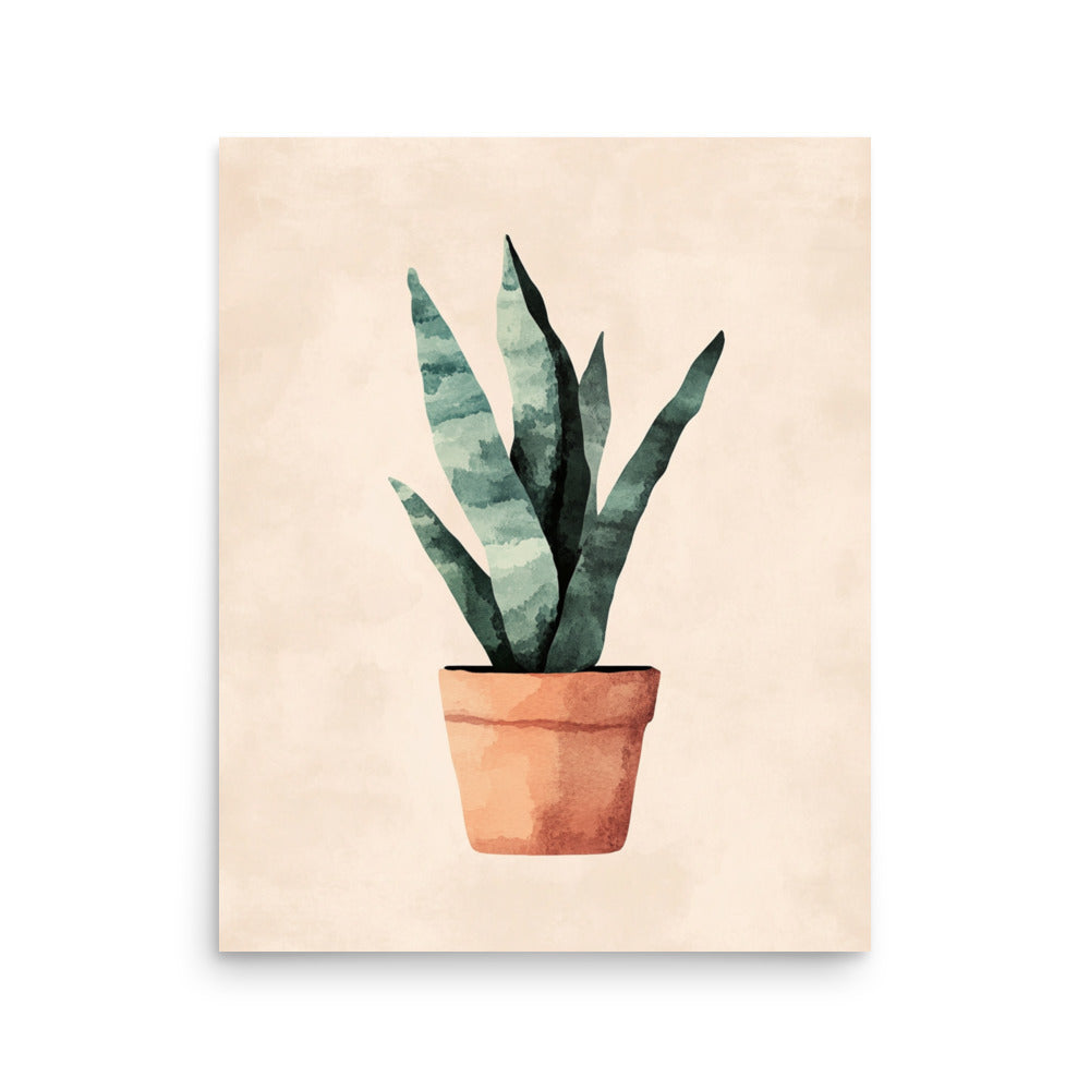 Earthy Elegance: Minimalist Watercolor of a Snake Plant in a Terracotta Pot