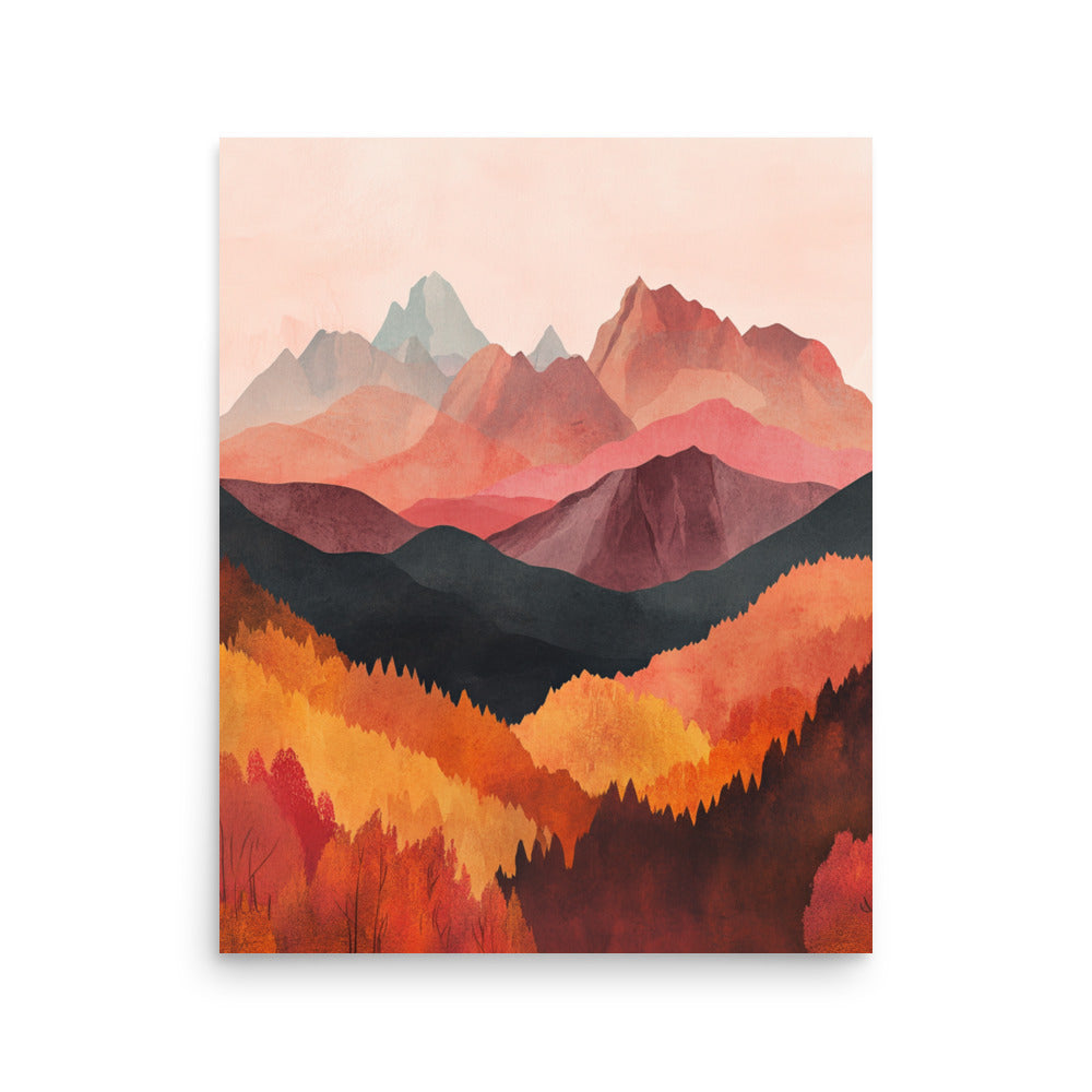 Crimson Peaks: Minimalist Watercolor of Autumn in the Mountains