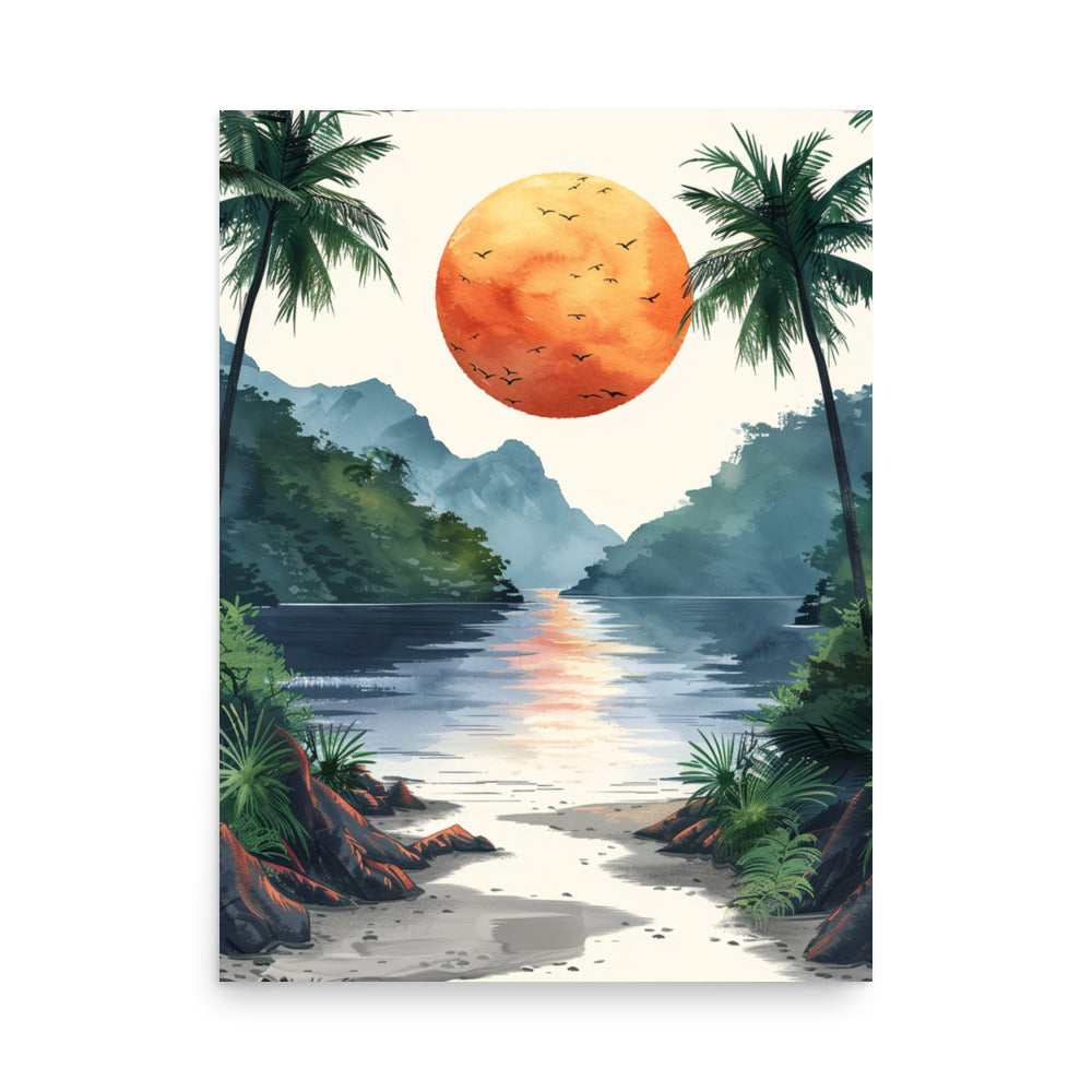 Serene Sunset Beachscape: A Watercolor Journey into Tropical Bliss